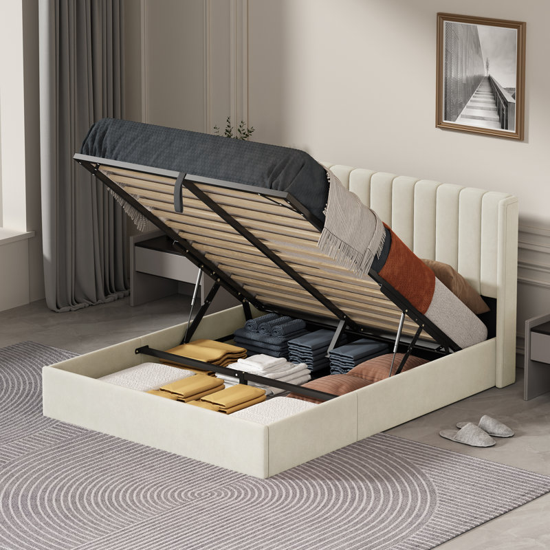 Daizia Lift Up Storage Platform Bed with Wingback Headboard, Queen, Cream