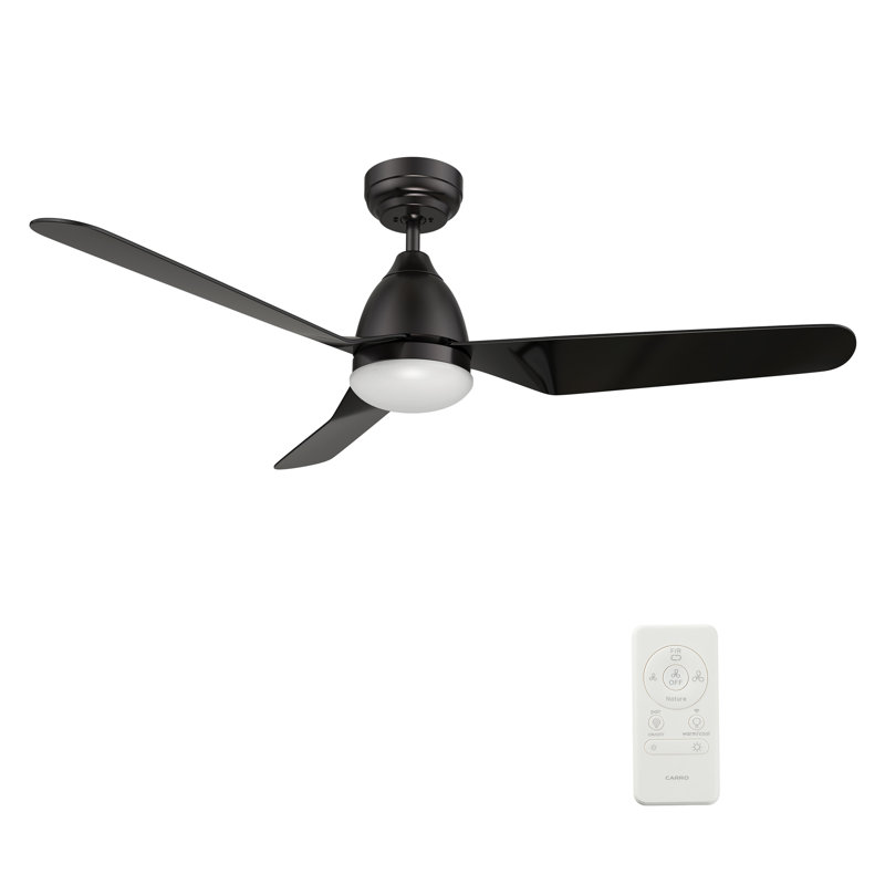 52" Wini 3 - Blade LED Smart Standard Ceiling Fan with Remote Control and Light Kit Included., Black