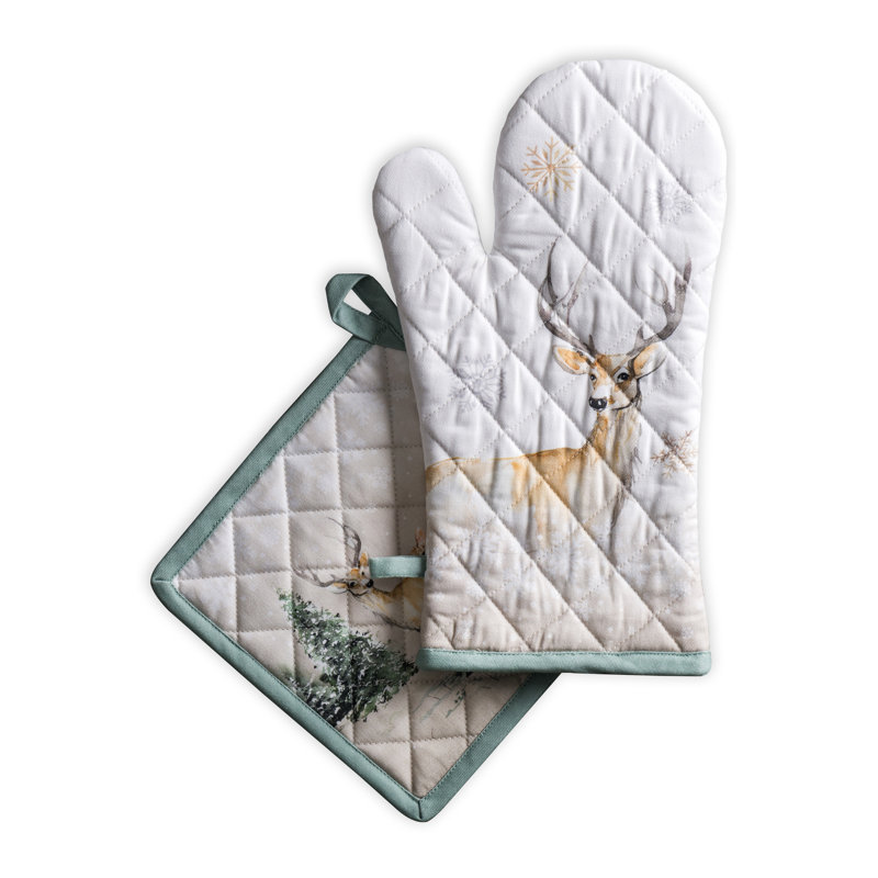 Maison d'Hermine Deer In The Woods, manique et gant de cuisine 100 % coton - 19 x 33 cm et 20 x 20 cm