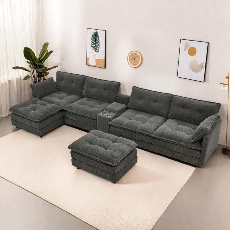 Canapé modulaire en U modulaire avec repose-pieds et ports USB, Gris