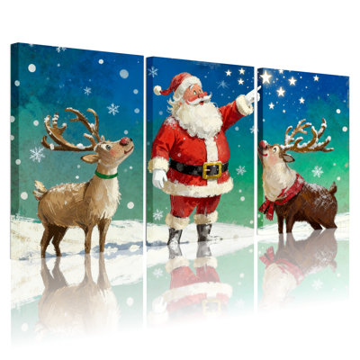 Ensemble de 3 impressions sur toile de Noël, père Noël et renne dans la nuit enneigée