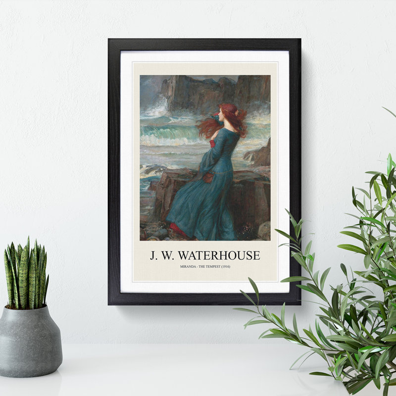 Miranda the Tempest by John William Waterhouse - Picture Frame Painting, 65cm H x 48cm W x 2cm D, Black