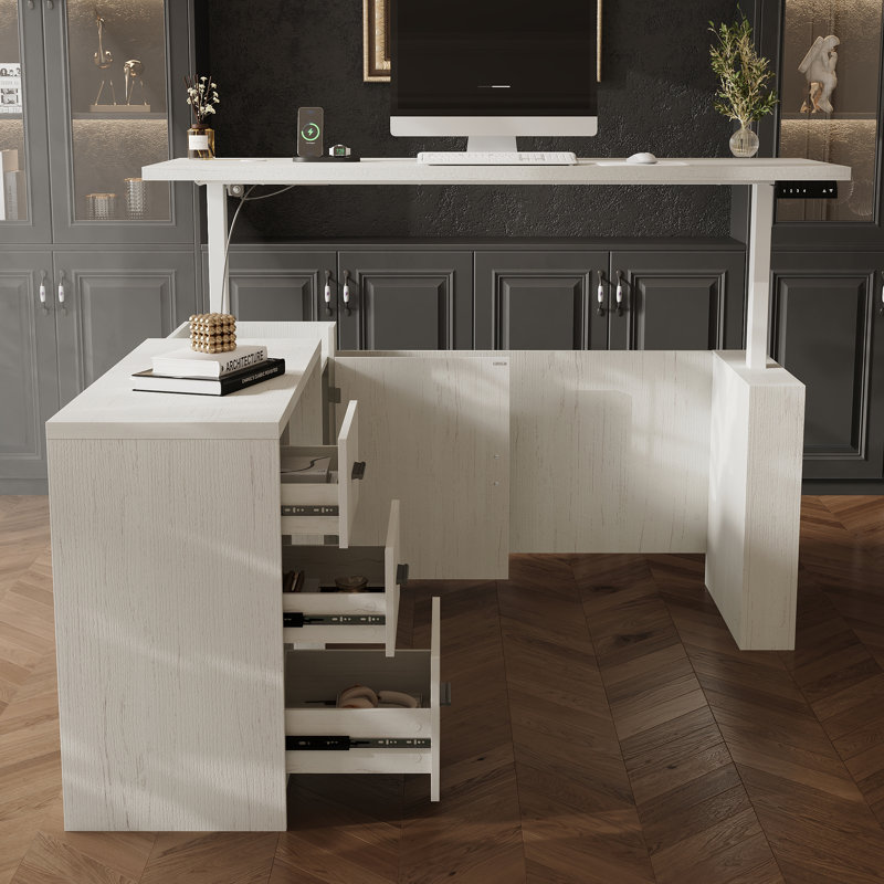 Electric Height Adjustable Standing Desk With Storage & Wireless Charging, MDF Sit-To-Stand Office Desk With Memory Control
