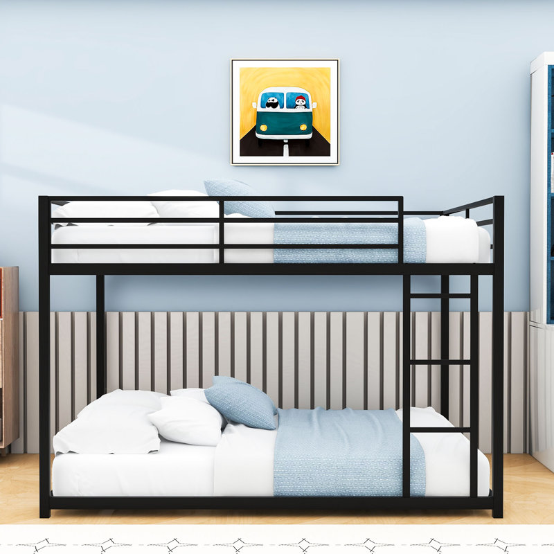 Full Over Full Metal Bunk Bed With Built-In Ladder And Full-Length Guardrails, Black