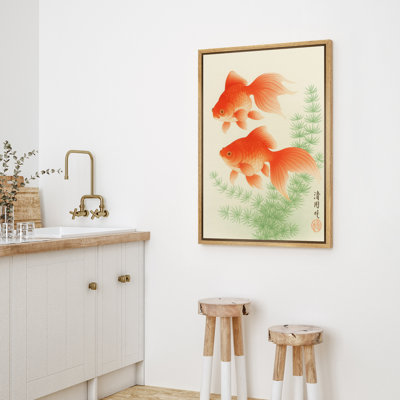 Deux poissons rouges rouges nageant avec des plantes vertes, reproduction d'art sur toile encadrée