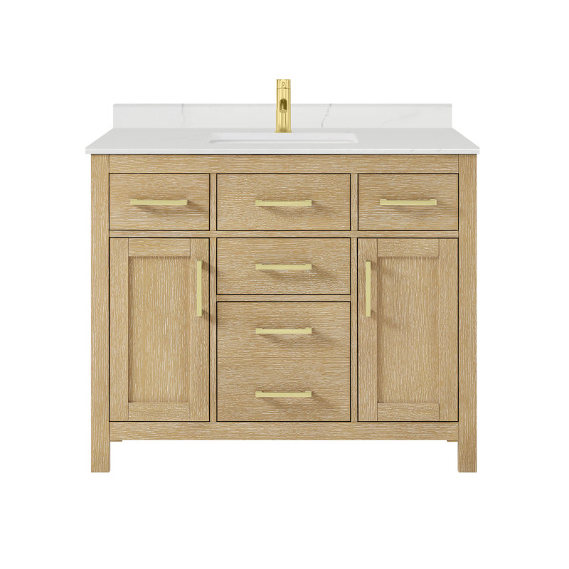Beckett 42" Freestanding Single Bathroom Vanity with Quartz Top, Brushed Gold, Giotto Quartz, Whitewashed Oak