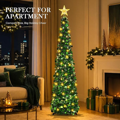 5FT Pop Up Collapsible Christmas Tree with Lighted Gold Star Topper, Warm White LED Lights, Green Tinsel Xmas Tree for Holiday Home Decor
