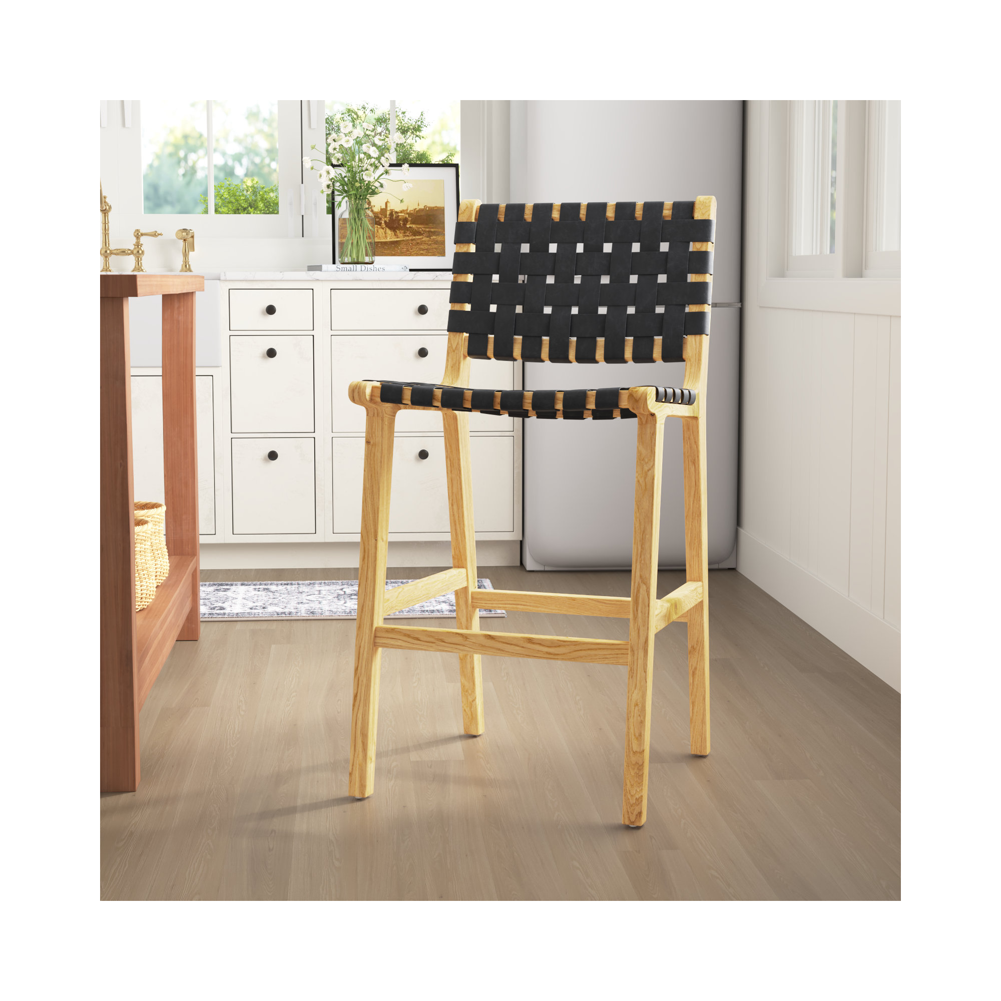 Alston Leather Stool, Black Leather/Natural Frame, Counter Stool (27.16" Seat Height)