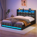 Jilissa Upholstered Bookcase Lift Up Storage Bed with Charging Station and RGB LED Lights