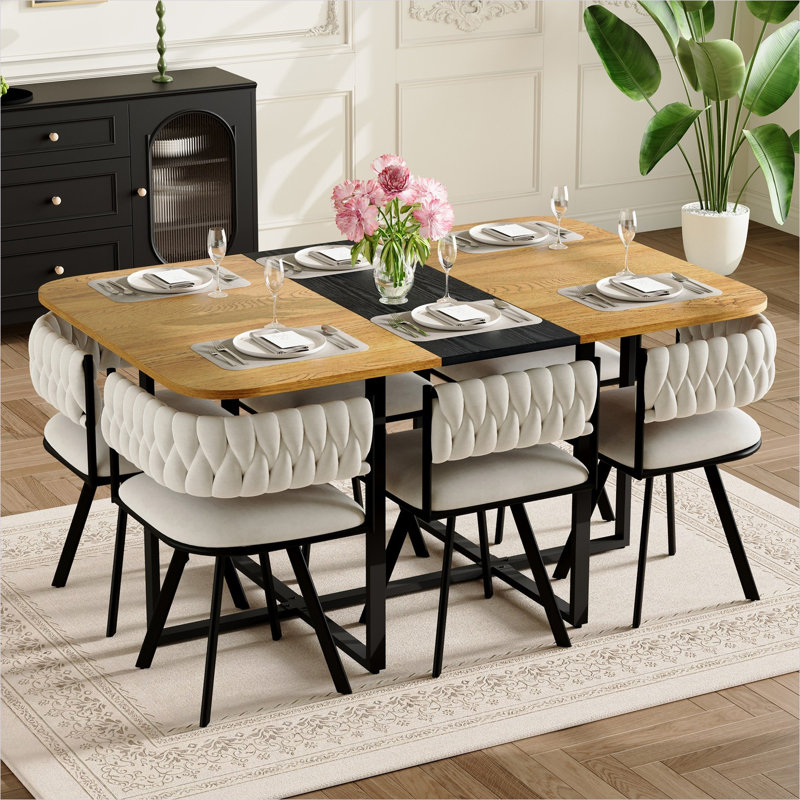 Ensemble de salle à manger pour 6 personnes avec table rectangulaire de 28 pouces et 6 chaises en velours beige, métal noir mat à grain de bois chaud, idéal pour les petits espaces