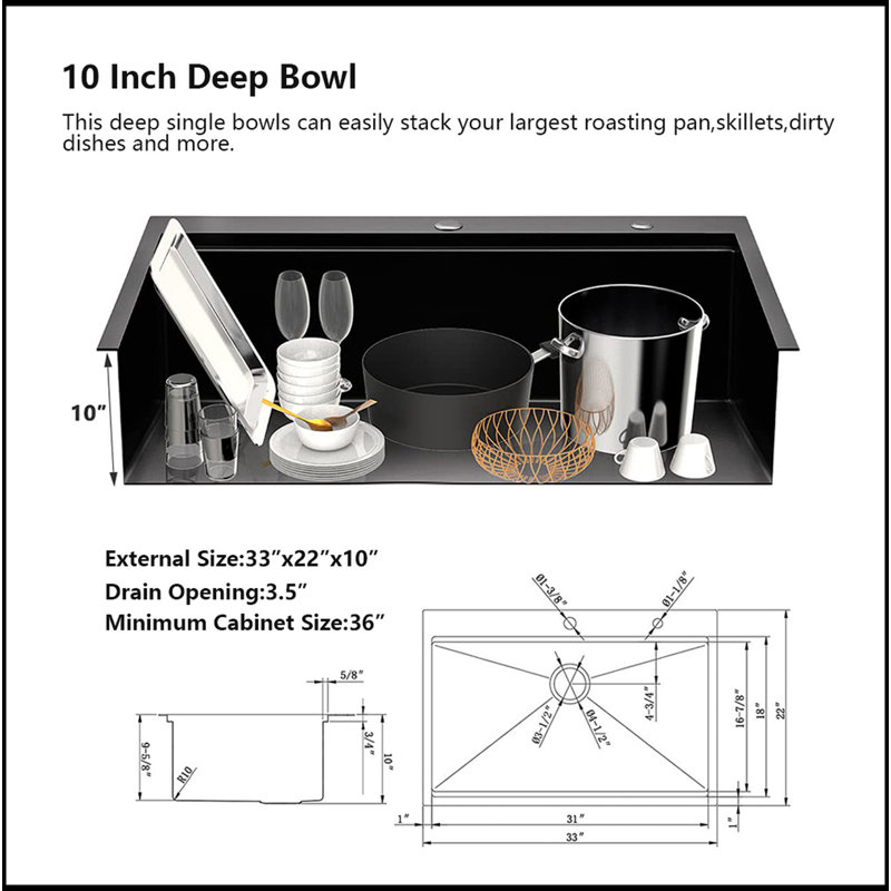Évier de cuisine encastré 33 po R10 à cuve simple en acier inoxydable avec rebord intégré et accessoires (paquet de 5)