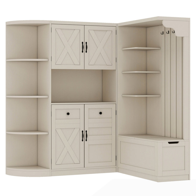 Multifunctional left-right combination hall cabinet with storage and 4 hooks, Beige