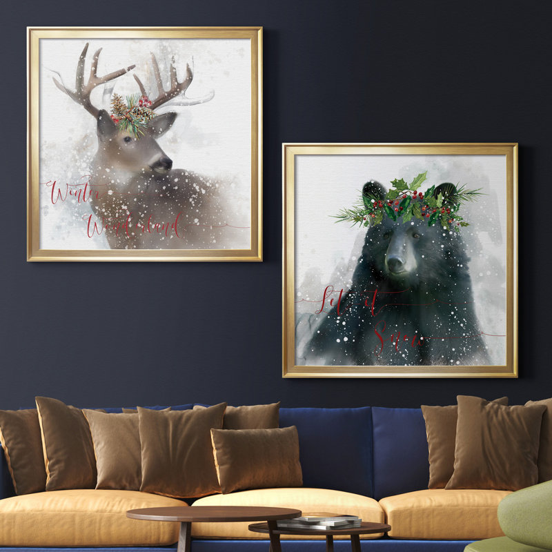 «Winter Wonderland Deer», ensemble de 2 reproductions d'art encadrées, Toile encadrée dorée, Pas de tapis