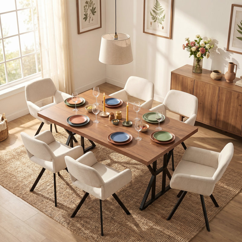 Ensemble de table de salle à manger 7 pièces avec fauteuils pivotants rembourrés, table rectangulaire aspect bois et base en métal