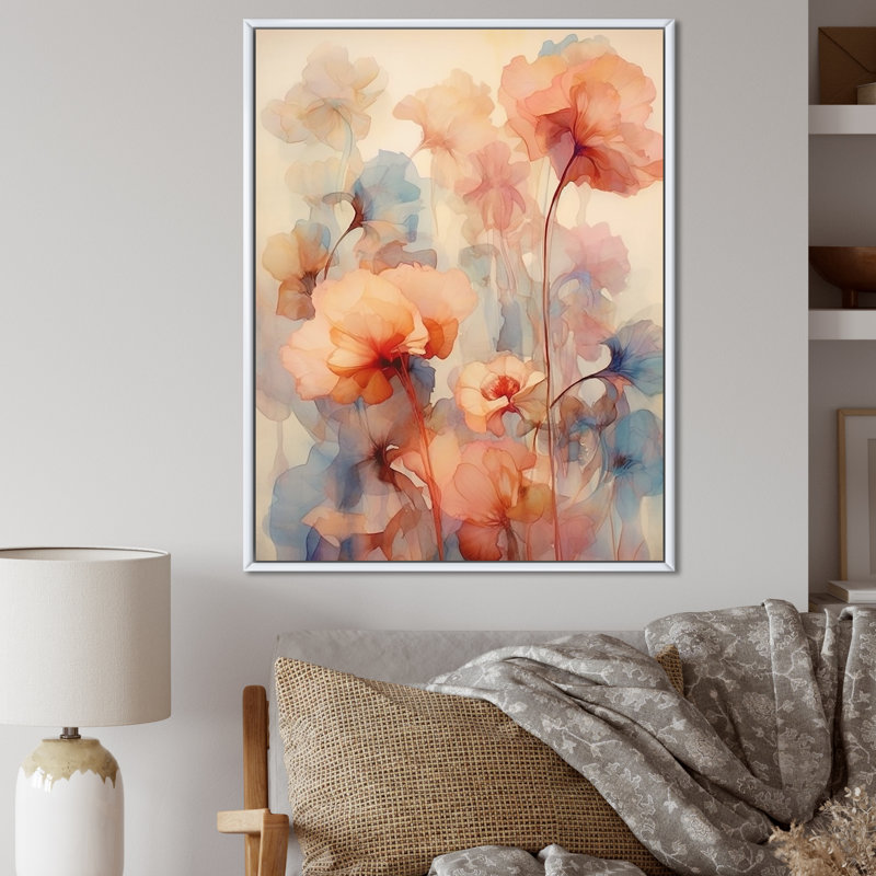 «Blue and Orange Geranium Collage Expression I», reproduction sur toile, Cadre flottant blanc, H 32 po x l 24 po