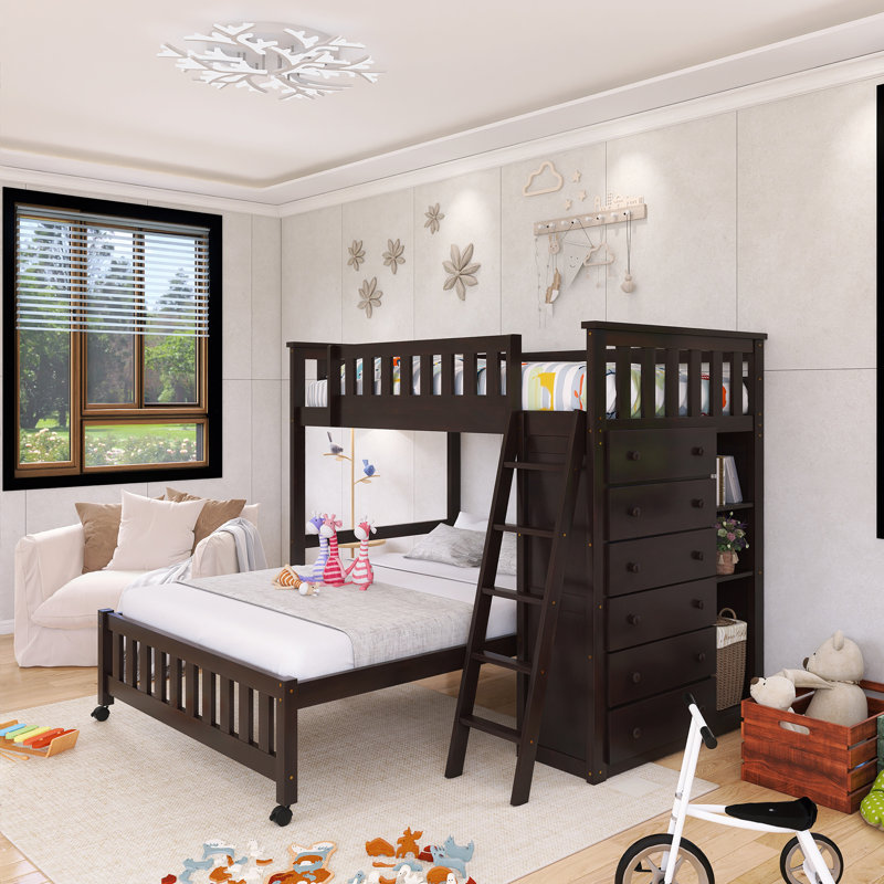 Lit superposé simple au-dessus de double avec cadre en bois avec six tiroirs et tablettes flexibles, Espresso