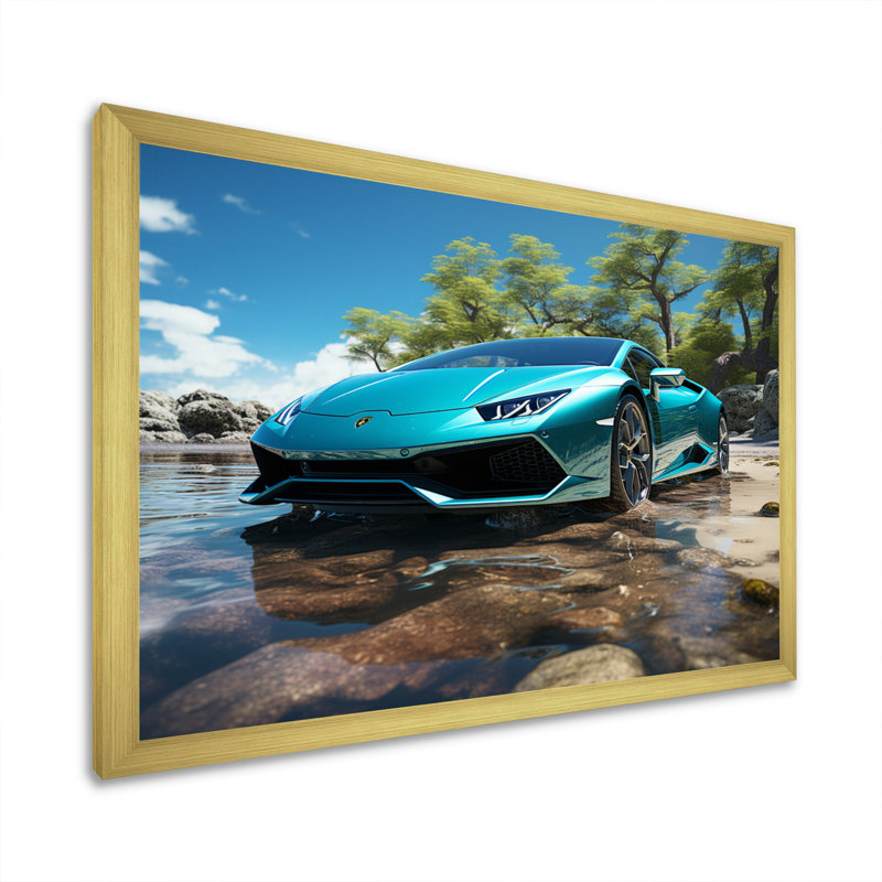 «Turquoise Car By The Beach», reproduction sur toile, H 24 po x l 32 po x P 1 po, Cadre doré à une seule photo