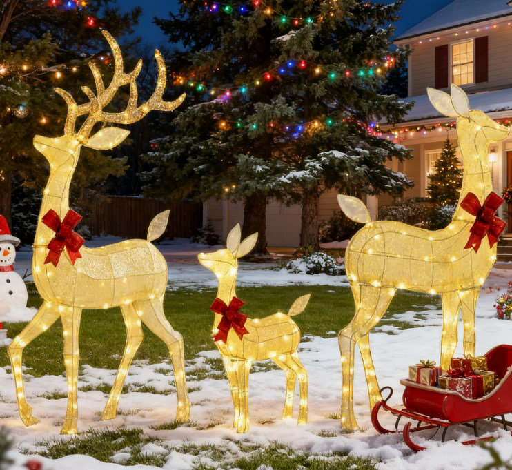 Ensemble de 3 décorations de Noël pour famille de cerfs de Noël éclairés avec 2 modes, 52,8 po de présentation de renne en acier et polyester argenté | Idée de cadeau