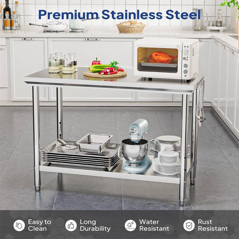 Silver Stainless Steel Kitchen Prep Table with Adjustable Undershelf and Hooks