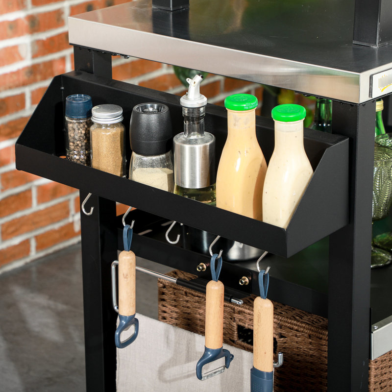 Movable Outdoor Bbq Cart, Stainless Steel Tabletop, 38.29"L X 25.5"W 33"H, With Side Handle, Black Multifunctional Cooking Table, Top, 33" Height, Hooks,