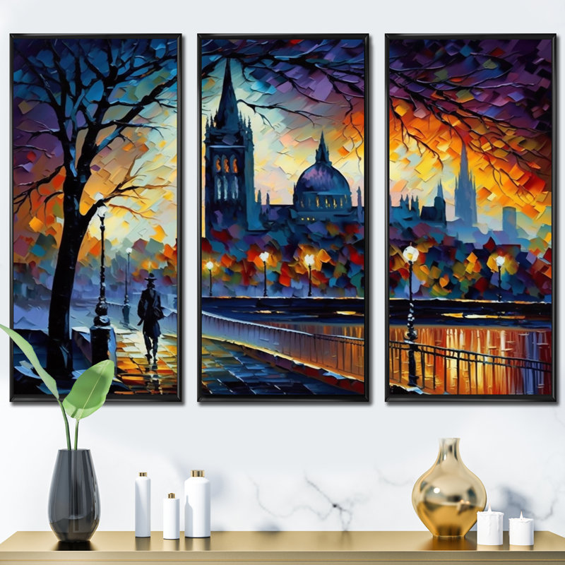 «City View in the Fall I», reproduction sur toile 3 pièces, H 28 po x l 36 po x P 1 po, Cadre flottant noir