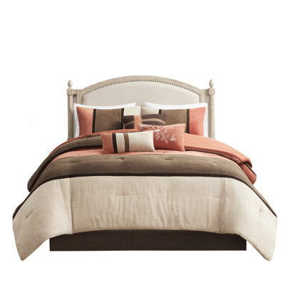 7 Piece Comforter Coral Queen - Faux Suede Bedding 2 Shams, Square Pillows, 1 Pillow, Bed Skirt Included Decorative