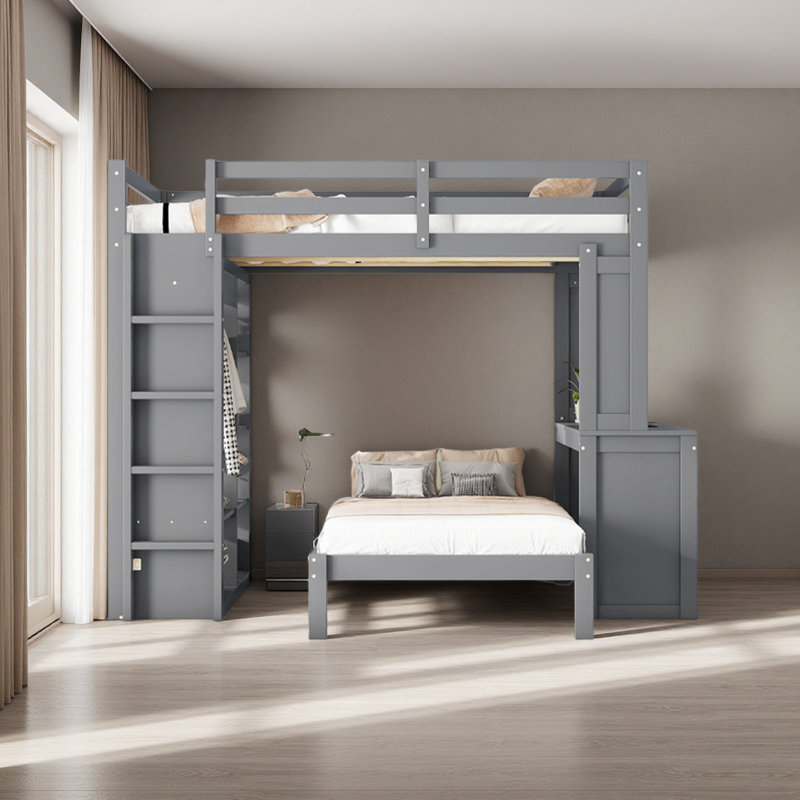 Structure de lits superposés en bois massif avec tablettes intégrées et garde-robe, pouvant être convertie en lit mezzanine