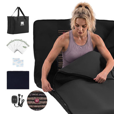 Couverture infrarouge pour sauna avec pierres minérales, sac de sauna 73 x 35, CEM zéro, portable pour la désintoxication et la détente à domicile, contrôle de la température et minuterie, enveloppe de chauffage en cuir PU, sac de transport, noir