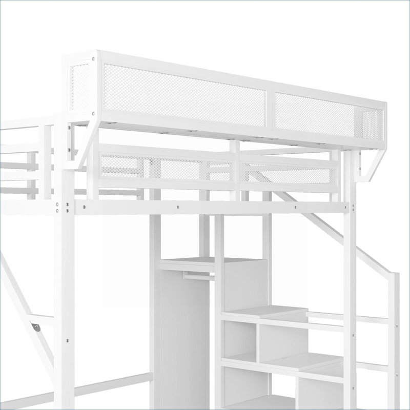 For Kids and Teens Bedrooms, Full Size Metal Soft White Loft Bed Frame with Built-in Storage and Wardrobe, Full