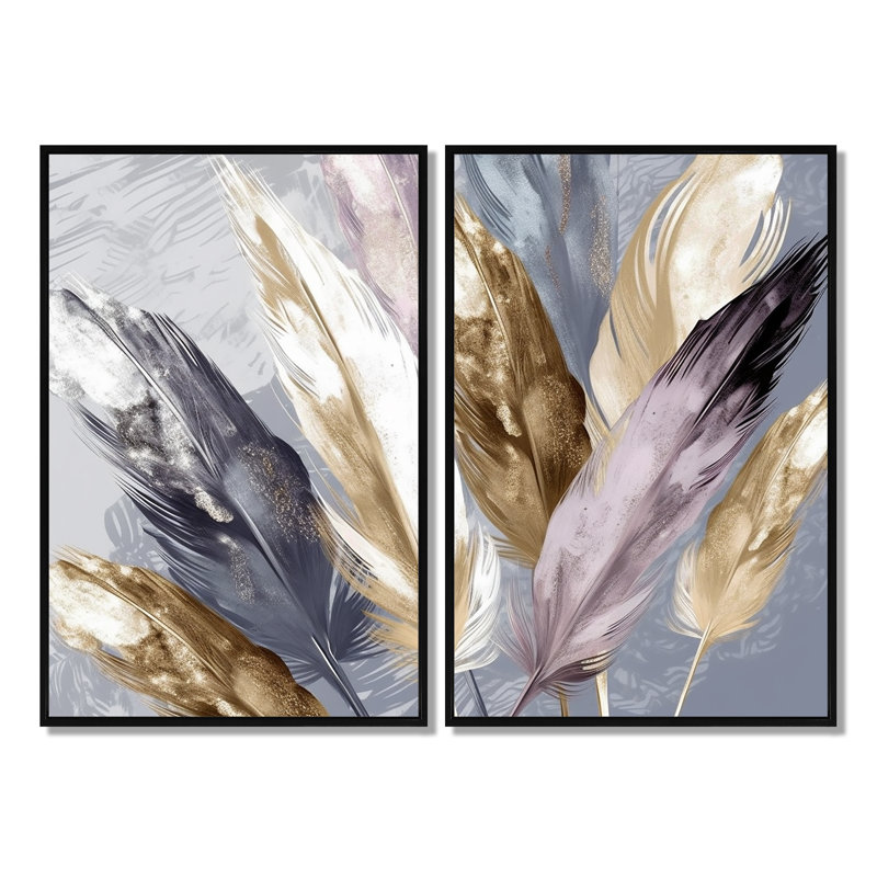 Plume mauve Boho Majesty - art mural moderne 2 panneaux, Impression encadrée flottante, H 36 po x l 48 po, Noir