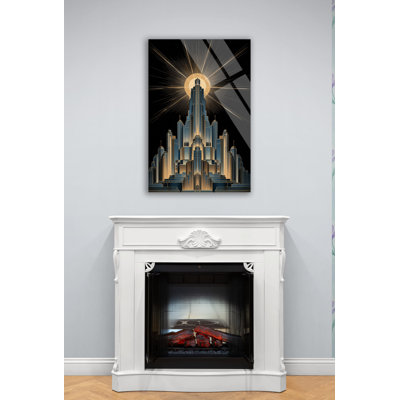 Art mural art déco en verre trempé paysage urbain - impression d'architecture Metropolis, décor de gratte-ciel géométrique Golden Sunburst, cadeau de luxe moderne
