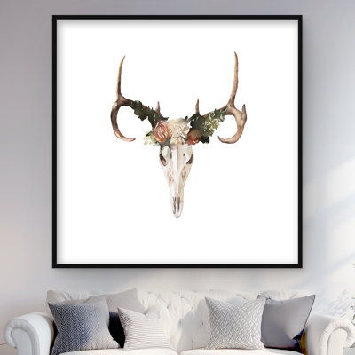Crâne de cerf avec roses - chambre à coucher florale, impression encadrée
