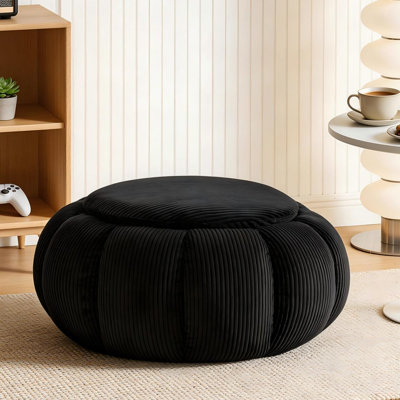 Upholstered Corduroy Pumpkin Round Boneless Cocktail Ottoman Compression