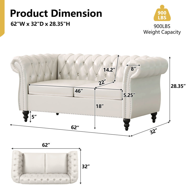 Taleke 62" Upholstered Sofa, White Faux Leather