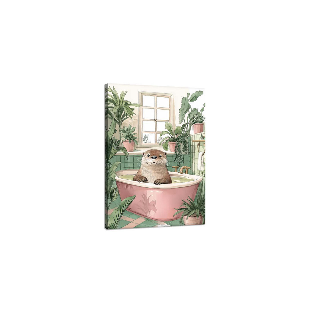 Sea Otter Canvas Wall Art Bathroom Cute Sea Otters Bathing In A Bathtub Woodland Animals And Plants Printed On Canvas 24X36in