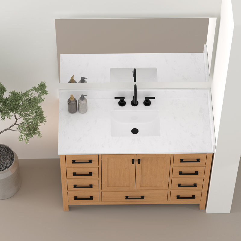 Comptoir de meuble-lavabo en quartz blanc 48 po avec lavabo en céramique, dosseret et éclaboussures latérales
