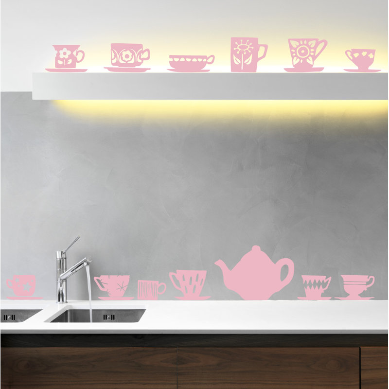 Décalcomanie murale tasses de thé, H 23 po x l 24 po x P 0,01 po, Rose œillet
