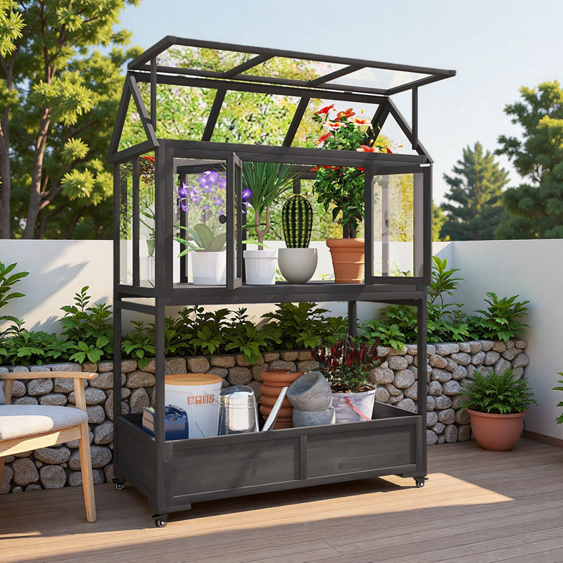 Mini serre portative en bois avec roues mobiles et jardin avec jardin et jardin, Noir