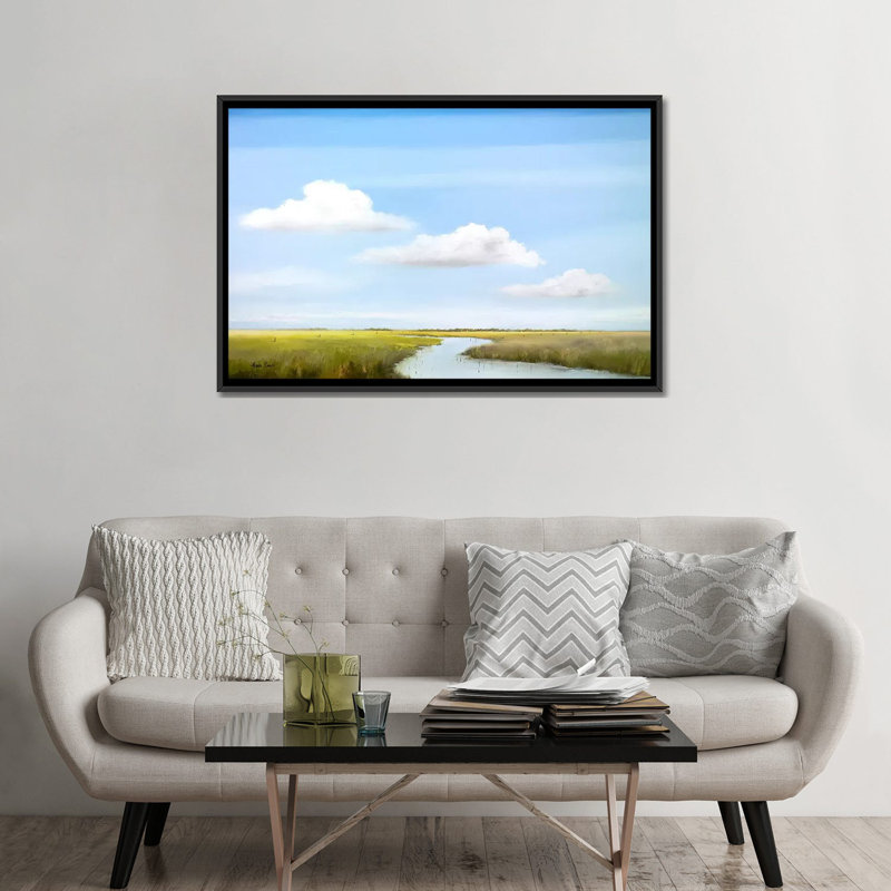 « down the river vi », impression sur toile, H 18 po x l 26 po x P 1,5 po, Toile avec cadre noir, Pas de tapis