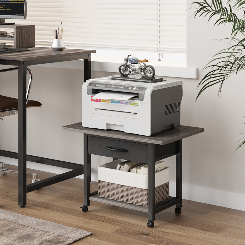 Maycin 22'' Wide Printer Stand with Storage Drawer and Wheels, Gray/Black