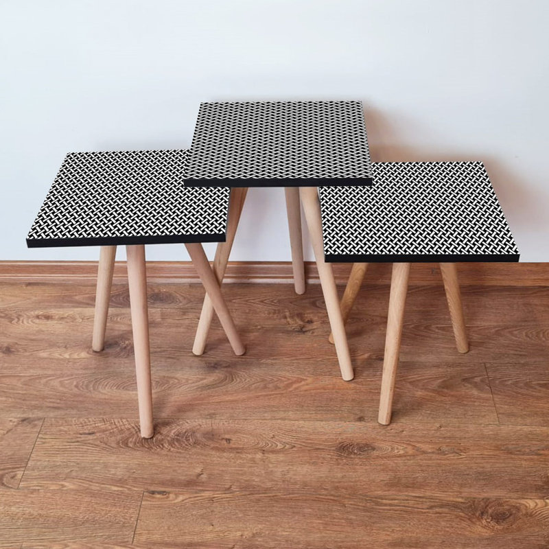Ensemble de tables gigognes modernes (3 pièces), blanc et noir, 13,8 po x 20,5 po x 13,8 po | 100% panneau de fibres à densité moyenne avec pieds en bois de hêtre, épaisseur: 0,7 pouce | Conception géométrique, élégante et fonctionnelle pour les espaces de salon et de bureau