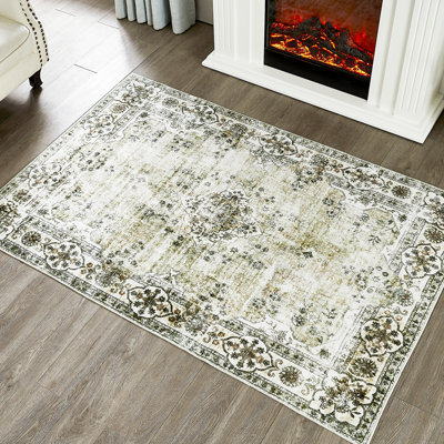 Royalton Non-Slip Machine Washable Oriental Indoor Area Rug in Green/Beige/Cream
