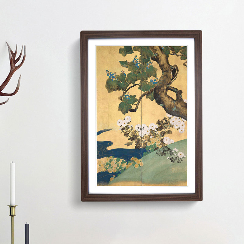Chrysanthemums by Sakai Hoitsu - Picture Frame Painting Print, 65cm H x 48cm W x 2cm D, Walnut Framed