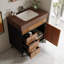 Meuble-lavabo autoportant de 30 po de style Mid-Century moderne avec lavabo en céramique et plateau en pierre frittée - porte à fermeture en douceur et 3 tiroirs, finition noyer avec accents dorés, armoire de rangement en bois massif multicouche-1260066315