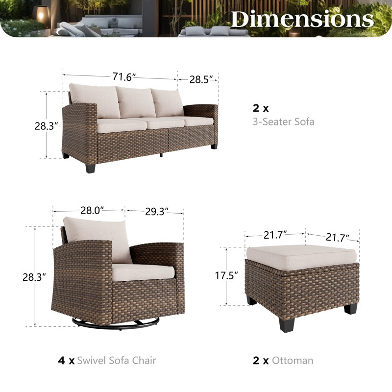 Ensemble de conversation d'extérieur en osier pour 9 personnes avec chaises pivotantes, Non, Beige