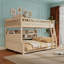 Lit superposé double au-dessus de grand lit double avec tablettes intégrées, lumières à changement de couleur et panneau perforé, beige-697870166-697870165