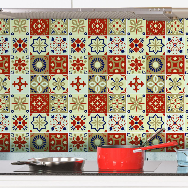Marjorelle Black and White Moroccan Wall Tile Sticker Set 15cm x 15cm PVC , Burnt Orange/Beige
