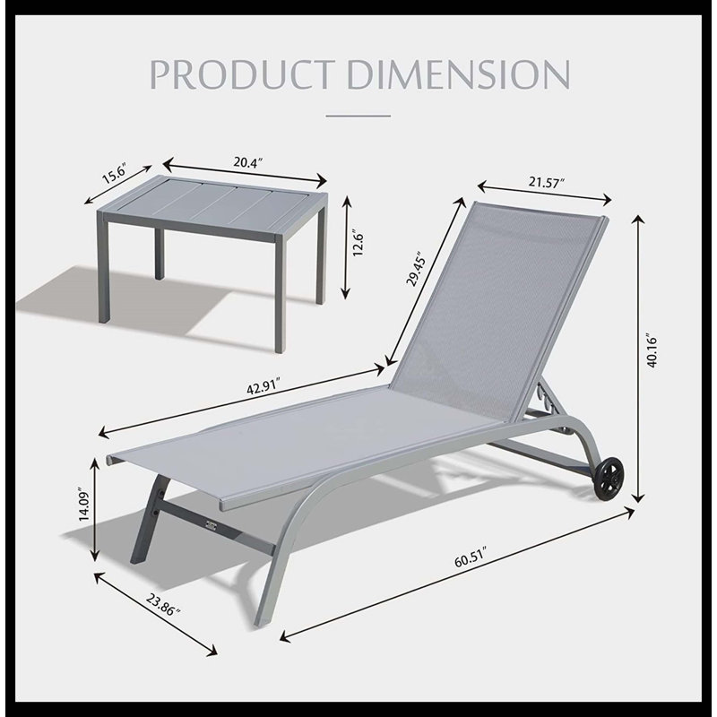 Premium Chaise Lounge Outdoor Set Of 3, Heavy-Duty Lounge Chairs For Outside With Smooth Rolling Wheels, 5-Position Adjustable Outdoor Lounge Chairs, Comfortable Pool Lounge Chairs For Patio & Beach (Grey, 2 Lounge Chairs + 1 Table)