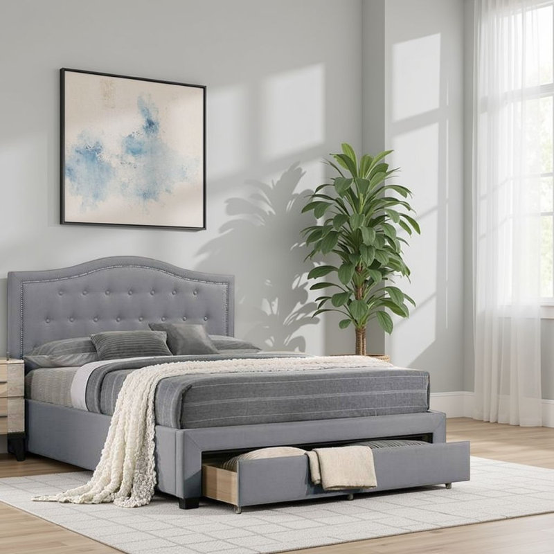 Lit plateforme tapissier avec rangement Rodeen, Gris, Grand