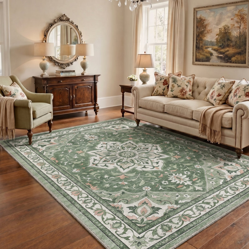 Abrahamson Lorelei Floral Machine Washable Green / White Indoor Area Rug with Non-Slip Backing, Rectangle 8' x 10'